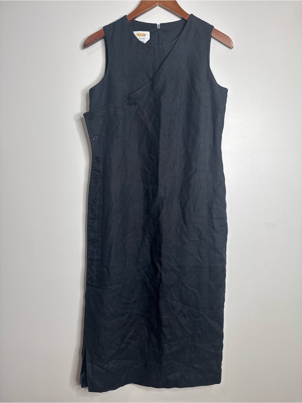 Vintage Talbots 100% Irish Linen Black Button Detail Sleeveless Midi Dress Sz 10